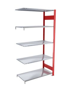 Fachbodenregal Stecksystem, Anbauregal, beidseitig nutzbar, H2000xB1000xT800 mm, 5 Fachböden, Fachlast 330 kg, RAL 3000 feuerrot / verzinkt