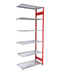 Fachbodenregal Stecksystem, Anbauregal, beidseitig nutzbar, H2500xB1000xT800 mm, 6 Fachböden, Fachlast 150 kg, RAL 3000 feuerrot / verzinkt