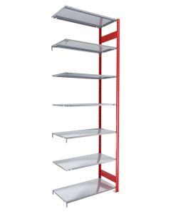 Fachbodenregal Stecksystem, Anbauregal, beidseitig nutzbar, H3000xB1000xT500 mm, 7 Fachböden, Fachlast 150 kg, RAL 3000 feuerrot / verzinkt