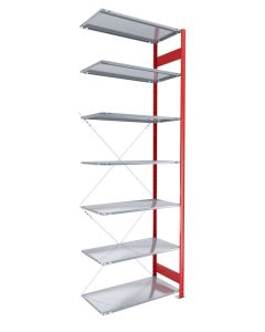 Fachbodenregal Stecksystem, Anbauregal, einseitig nutzbar, H3000xB750xT300 mm, 7 Fachböden, Fachlast 150 kg, RAL 3000 feuerrot / verzinkt