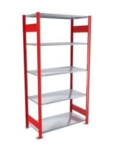 Fachbodenregal Stecksystem, Grundregal, beidseitig nutzbar, H2000xB1000xT600 mm, 5 Fachböden, Fachlast 85 kg, RAL 3000 feuerrot / verzinkt