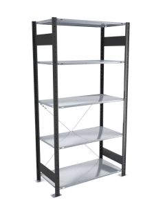 Fachbodenregal Stecksystem, Grundregal, einseitig nutzbar, H2300xB1300xT300 mm, 5 Fachböden, Fachlast 85 kg, schwarz / verzinkt