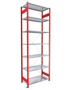 Fachbodenregal Stecksystem, Grundregal, einseitig nutzbar, H3000xB1000xT600 mm, 7 Fachböden, Fachlast 85 kg, RAL 3000 feuerrot / verzinkt