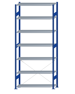 Fachbodenregal Stecksystem, Grundregal, einseitig nutzbar, H3000xB1300xT400, 7 Fachböden, Fachlast 150kg, RAL 5010 enzianblau / verzinkt