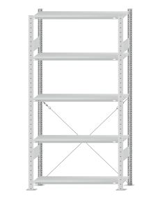 Fachbodenregal Stecksystem, Grundregal, einseitig nutzbar, H2000xB1000xT300, 5 Fachböden, Fachlast 150kg, RAL 7035 lichtgrau