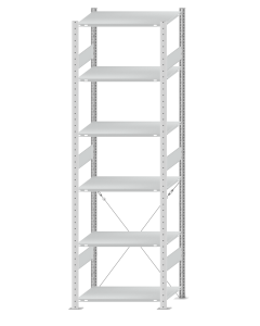 Fachbodenregal Stecksystem, Grundregal, einseitig nutzbar, H2500xB750xT500, 6 Fachböden, Fachlast 150kg, RAL 7035 lichtgrau