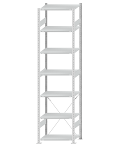 Fachbodenregal Stecksystem, Grundregal, einseitig nutzbar, H3000xB750xT500, 7 Fachböden, Fachlast 150kg, RAL 7035 lichtgrau