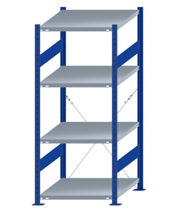 Fachbodenregal Stecksystem, Grundregal, einseitig nutzbar, H1800xB750xT800, 4 Fachböden, Fachlast 250kg, RAL 5010 enzianblau / verzinkt