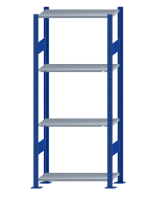 Fachbodenregal Stecksystem, Grundregal, beidseitig nutzbar, H1800xB750xT300, 4 Fachböden, Fachlast 85kg, RAL 5010 enzianblau / verzinkt