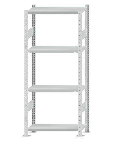 Fachbodenregal Stecksystem, Grundregal, beidseitig nutzbar, H1800xB750xT300, 4 Fachböden, Fachlast 250kg, RAL 7035 lichtgrau