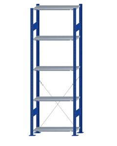 Fachbodenregal Stecksystem, Grundregal, einseitig nutzbar, H2300xB750xT300, 5 Fachböden, Fachlast 85kg, RAL 5010 enzianblau / verzinkt