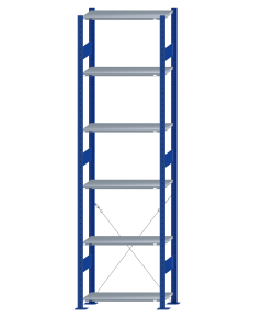 Fachbodenregal Stecksystem, Grundregal, einseitig nutzbar, H2750xB750xT300, 6 Fachböden, Fachlast 85kg, RAL 5010 enzianblau / verzinkt