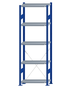 Fachbodenregal Stecksystem, Grundregal, einseitig nutzbar, H2300xB750xT300, 5 Fachböden, Fachlast 250kg, RAL 5010 enzianblau / verzinkt