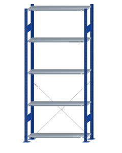 Fachbodenregal Stecksystem, Grundregal, einseitig nutzbar, H2300xB1000xT300, 5 Fachböden, Fachlast 85kg, RAL 5010 enzianblau / verzinkt