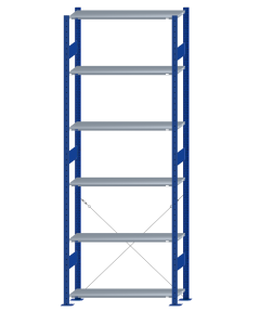 Fachbodenregal Stecksystem, Grundregal, einseitig nutzbar, H2750xB1000xT300, 6 Fachböden, Fachlast 85kg, RAL 5010 enzianblau / verzinkt