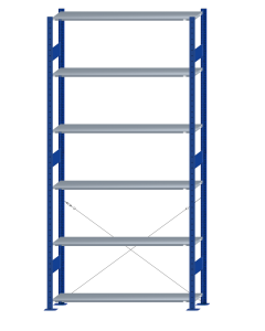 Fachbodenregal Stecksystem, Grundregal, einseitig nutzbar, H2750xB1300xT300, 6 Fachböden, Fachlast 85kg, RAL 5010 enzianblau / verzinkt