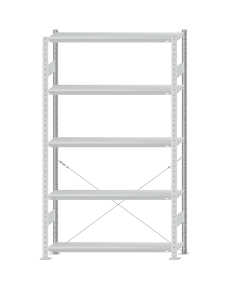 Fachbodenregal Stecksystem, Grundregal, einseitig nutzbar, H2300xB1300xT300, 5 Fachböden, Fachlast 250kg, RAL 7035 lichtgrau