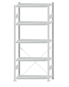 Fachbodenregal Stecksystem, Grundregal, einseitig nutzbar, H2300xB1000xT400, 5 Fachböden, Fachlast 250kg, RAL 7035 lichtgrau