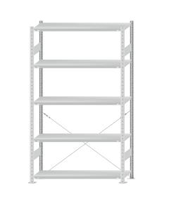 Fachbodenregal Stecksystem, Grundregal, einseitig nutzbar, H2300xB1300xT400, 5 Fachböden, Fachlast 250kg, RAL 7035 lichtgrau