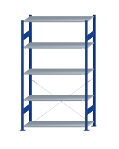 Fachbodenregal Stecksystem, Grundregal, einseitig nutzbar, H2300xB1300xT500, 5 Fachböden, Fachlast 150kg, RAL 5010 enzianblau / verzinkt