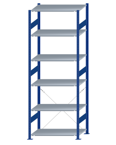 Fachbodenregal Stecksystem, Grundregal, einseitig nutzbar, H2750xB1000xT600, 6 Fachböden, Fachlast 150kg, RAL 5010 enzianblau / verzinkt