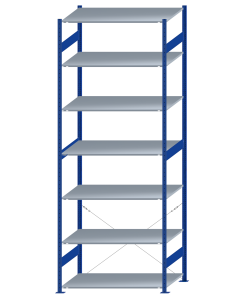 Fachbodenregal Stecksystem, Grundregal, einseitig nutzbar, H3500xB1300xT800, 7 Fachböden, Fachlast 150kg, RAL 5010 enzianblau / verzinkt