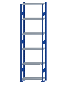 Fachbodenregal Stecksystem, Grundregal, beidseitig nutzbar, H2750xB750xT300, 6 Fachböden, Fachlast 85kg, RAL 5010 enzianblau / verzinkt