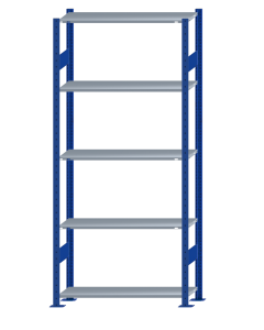 Fachbodenregal Stecksystem, Grundregal, beidseitig nutzbar, H2300xB1000xT300, 5 Fachböden, Fachlast 85kg, RAL 5010 enzianblau / verzinkt