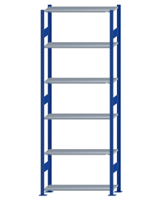 Fachbodenregal Stecksystem, Grundregal, beidseitig nutzbar, H2750xB1000xT300, 6 Fachböden, Fachlast 85kg, RAL 5010 enzianblau / verzinkt