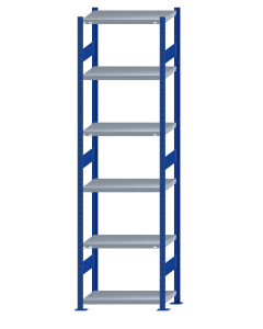 Fachbodenregal Stecksystem, Grundregal, beidseitig nutzbar, H2750xB750xT400, 6 Fachböden, Fachlast 250kg, RAL 5010 enzianblau / verzinkt