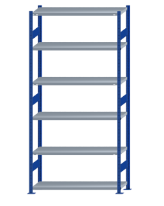 Fachbodenregal Stecksystem, Grundregal, beidseitig nutzbar, H2750xB1300xT400, 6 Fachböden, Fachlast 250kg, RAL 5010 enzianblau / verzinkt