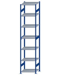 Fachbodenregal Stecksystem, Grundregal, beidseitig nutzbar, H3500xB750xT600, 7 Fachböden, Fachlast 250kg, RAL 5010 enzianblau / verzinkt