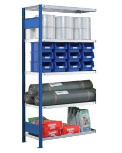 Fachbodenregal Stecksystem, Anbauregal, beidseitig nutzbar, H1800xB750xT600, 4 Fachböden, Fachlast 250kg, RAL 5010 enzianblau / verzinkt