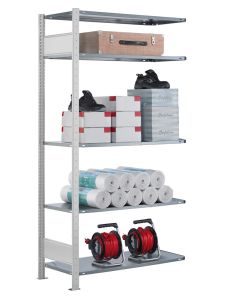 Fachbodenregal Stecksystem, Anbauregal, beidseitig nutzbar, H2300xB750xT300, 5 Fachböden, Fachlast 85kg, RAL 7035 lichtgrau