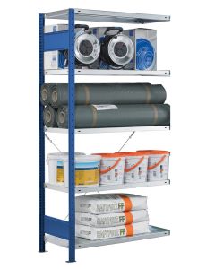 Fachbodenregal Stecksystem, Anbauregal, einseitig nutzbar, H2300xB1000xT400, 5 Fachböden, Fachlast 330kg, RAL 5010 enzianblau / verzinkt