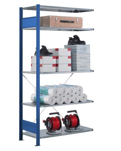 Fachbodenregal Stecksystem, Anbauregal, einseitig nutzbar, H2750xB750xT300, 6 Fachböden, Fachlast 85kg, RAL 5010 enzianblau / verzinkt