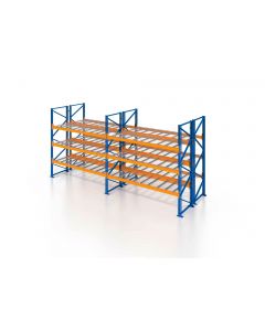 Palettenregal, Doppelregal mit Drahtgitterboden, 4 Lagerebenen, H6000xB3950xT2x1100 mm, Fachlast 3800 kg, 32 Palettenplätze, Rahmen blau, Traverse orange