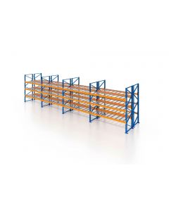 Palettenregal, Doppelregal mit Drahtgitterboden, 4 Lagerebenen, H7500xB10425xT2x1100 mm, Fachlast 3800 kg, 88 Palettenplätze, Rahmen blau, Traverse orange