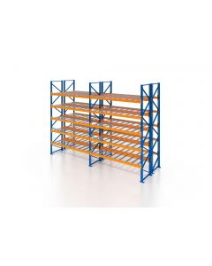 Palettenregal, Doppelregal mit Drahtgitterboden, 6 Lagerebenen, H7500xB5700xT2x1100 mm, Fachlast 3800 kg, 72 Palettenplätze, Rahmen blau, Traverse orange