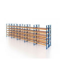 Palettenregal, Doppelregal mit Drahtgitterboden, 6 Lagerebenen, H7500xB12350xT2x1100 mm, Fachlast 3800 kg, 156 Palettenplätze, Rahmen blau, Traverse orange