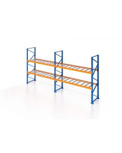 Palettenregal, Einfachregal mit Drahtgitterboden, 3 Lagerebenen, H5500xB5700xT1100 mm, Fachlast 3800 kg, 18 Palettenplätze, Rahmen blau, Traverse orange