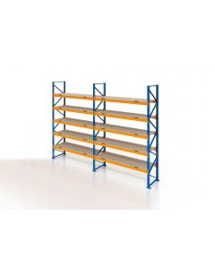 Palettenregal, Einfachregal mit Spanplatten, 6 Lagerebenen, H5000xB5700xT1100 mm, Fachlast 3800 kg, 36 Palettenplätze, Rahmen blau, Traverse orange