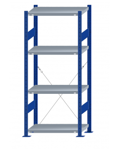 Fachbodenregal Stecksystem, Grundregal, einseitig nutzbar, H1800xB750xT400, 4 Fachböden, Fachlast 250kg, RAL 5010 enzianblau / verzinkt