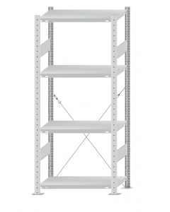 Fachbodenregal Stecksystem, Grundregal, einseitig nutzbar, H1800xB750xT400, 4 Fachböden, Fachlast 250kg, RAL 7035 lichtgrau