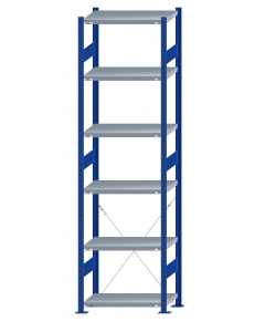 Fachbodenregal Stecksystem, Grundregal, einseitig nutzbar, H2750xB750xT400, 6 Fachböden, Fachlast 250kg, RAL 5010 enzianblau / verzinkt