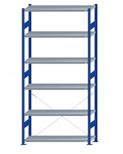 Fachbodenregal Stecksystem, Grundregal, einseitig nutzbar, H2750xB1300xT400, 6 Fachböden, Fachlast 250kg, RAL 5010 enzianblau / verzinkt