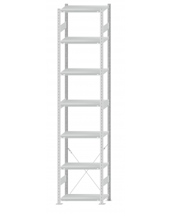 Fachbodenregal Stecksystem, Grundregal, einseitig nutzbar, H3500xB750xT400, 7 Fachböden, Fachlast 250kg, RAL 7035 lichtgrau