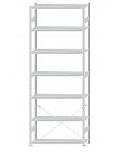 Fachbodenregal Stecksystem, Grundregal, einseitig nutzbar, H3500xB1300xT400, 7 Fachböden, Fachlast 250kg, RAL 7035 lichtgrau