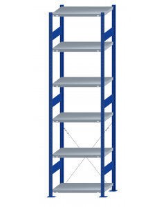 Fachbodenregal Stecksystem, Grundregal, einseitig nutzbar, H2750xB750xT500, 6 Fachböden, Fachlast 250kg, RAL 5010 enzianblau / verzinkt