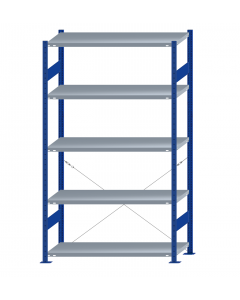 Fachbodenregal Stecksystem, Grundregal, einseitig nutzbar, H2300xB1300xT500, 5 Fachböden, Fachlast 250kg, RAL 5010 enzianblau / verzinkt